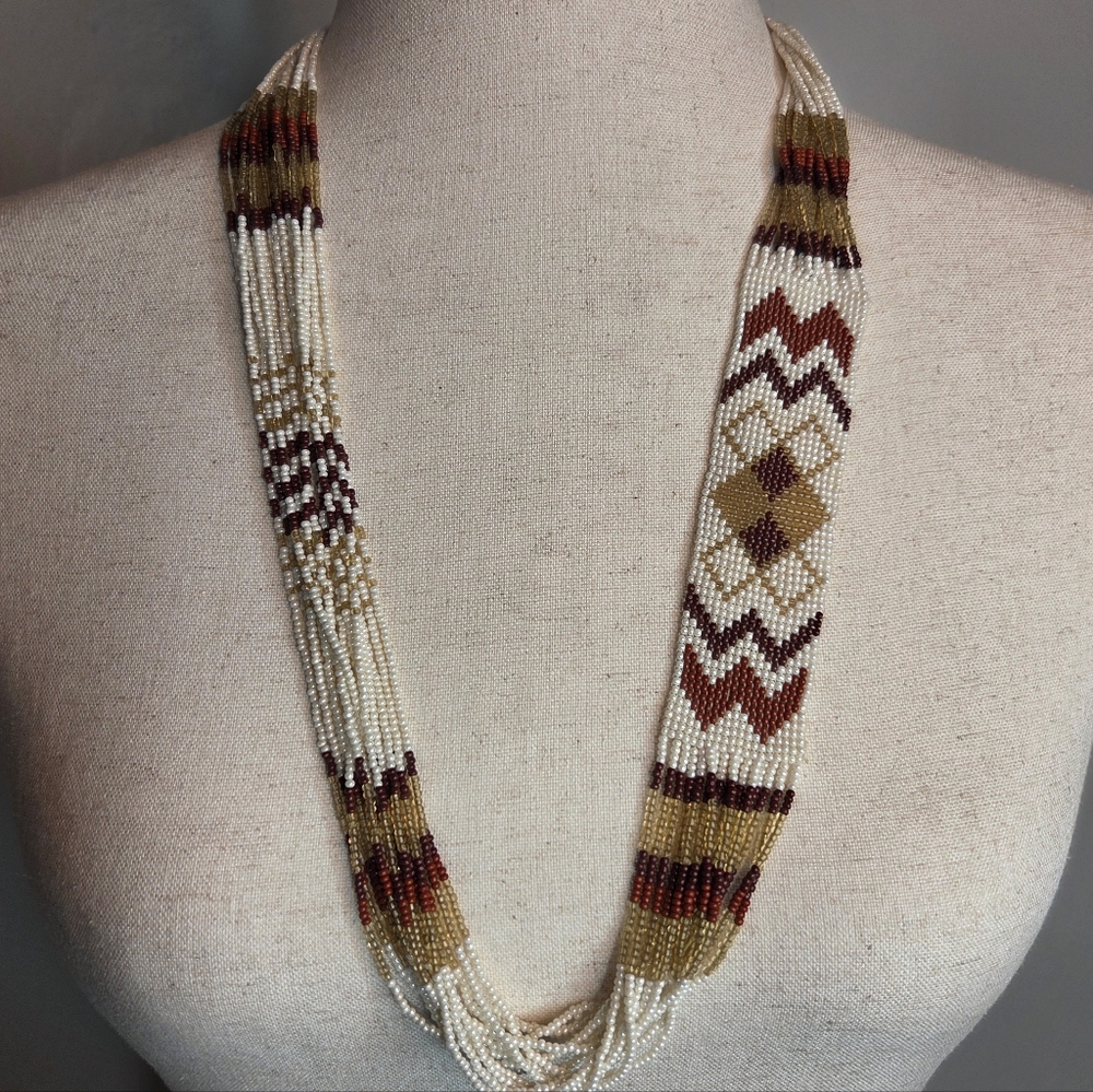 Southwestern Beaded Necklace Multi Strand Ivory Brown Bronze Statement